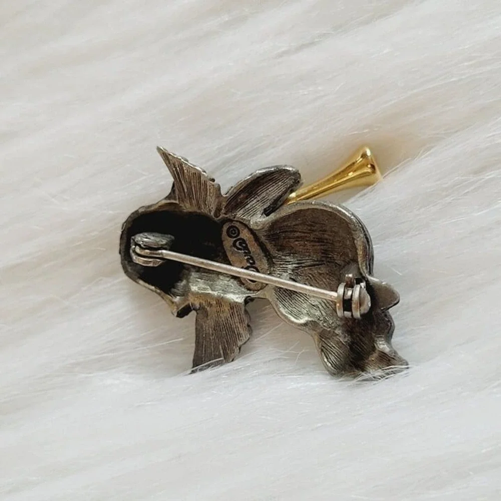 Vintage Daria Signed Pewter Angel Playing Gold Tone Horn 1.25